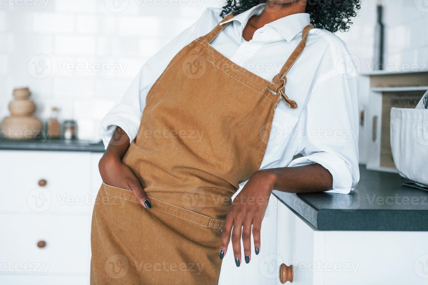 On the kitchen. Young african american woman with curly hair indoors at home photo