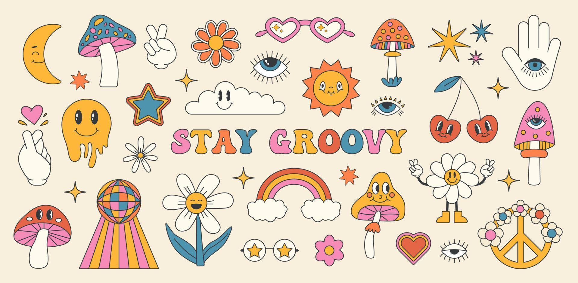 Collection of Retro 70s groovy elements vector