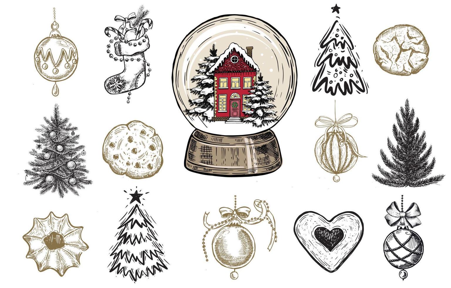 Christmas tree set, Christmas ball set. Hand drawn illustration. vector