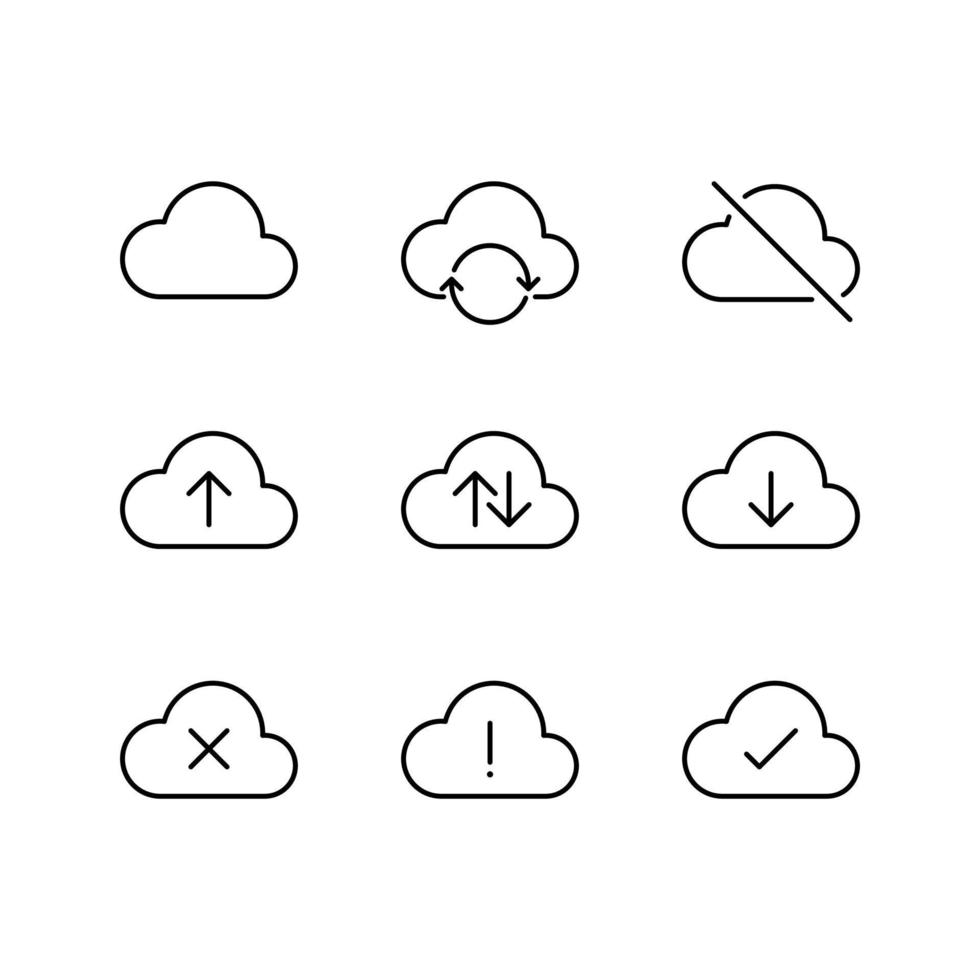 Cloud sync, online storage, online backup concept icon set in line style design isolated on white background. Editable stroke. vector