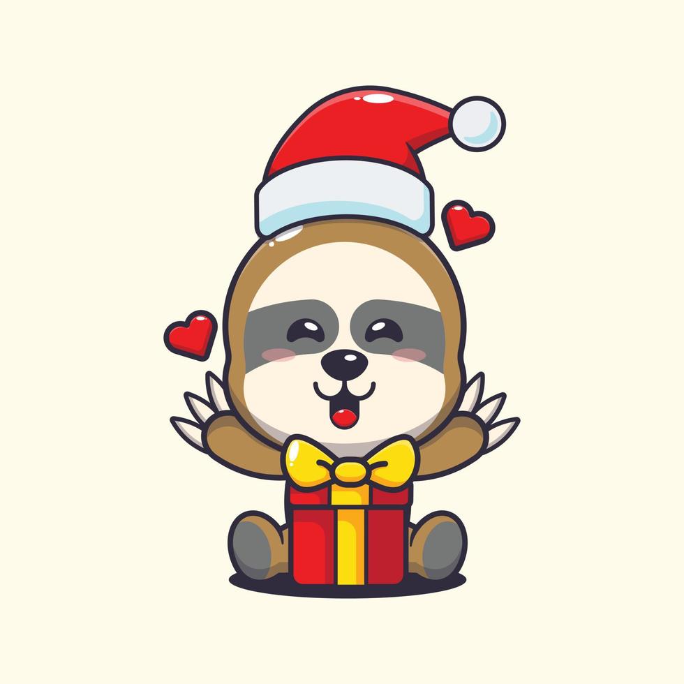 Cute sloth happy with christmas gift. Cute christmas cartoon illustration. vector