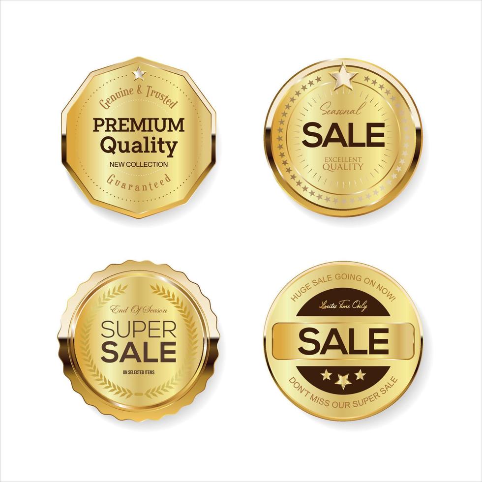 Golden badges, premium quality emblems, luxury seal labels. Realistic gold  medal badge, vintage elegant product stamp labels Vector set 23356353 Vector  Art at Vecteezy