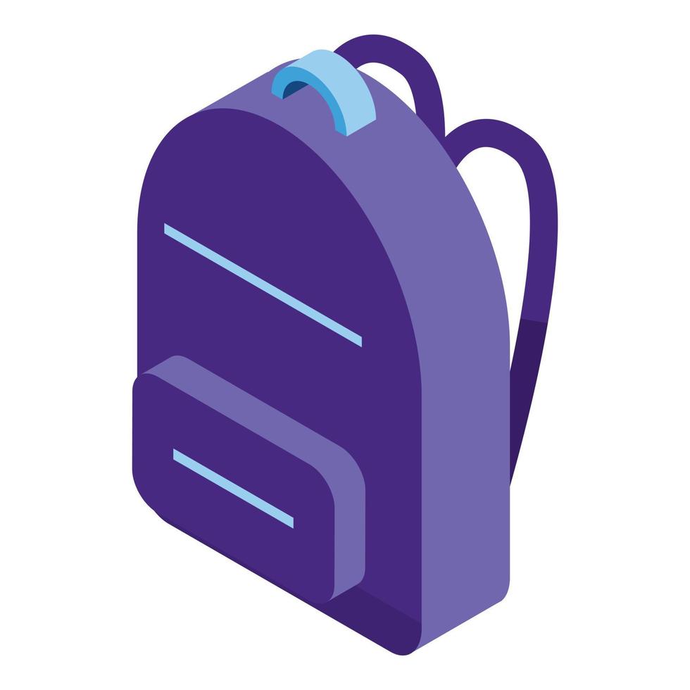 icono de mochila morada, estilo isométrico vector