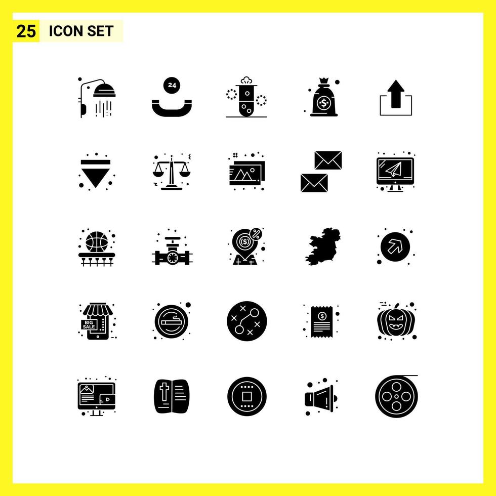 Set of 25 Commercial Solid Glyphs pack for upload arrows radioactivity