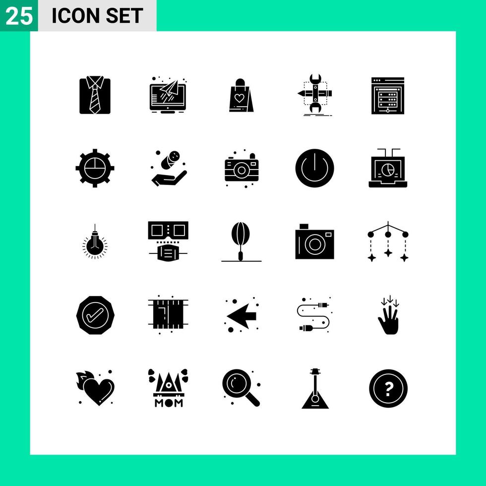 Solid Glyph Pack of 25 Universal Symbols of computer server sketch shopping develop build Editable Vector Design Elements