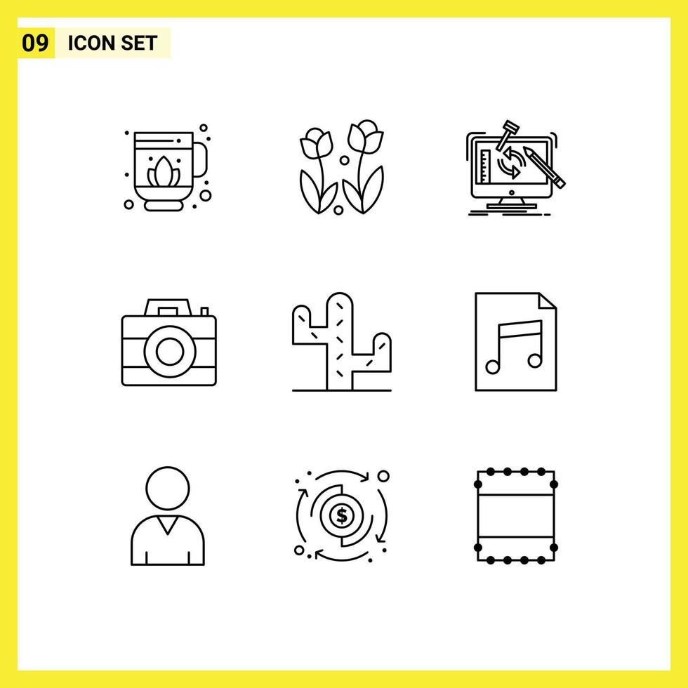 Group of 9 Outlines Signs and Symbols for cactus digital engineering computer processing Editable Vector Design Elements