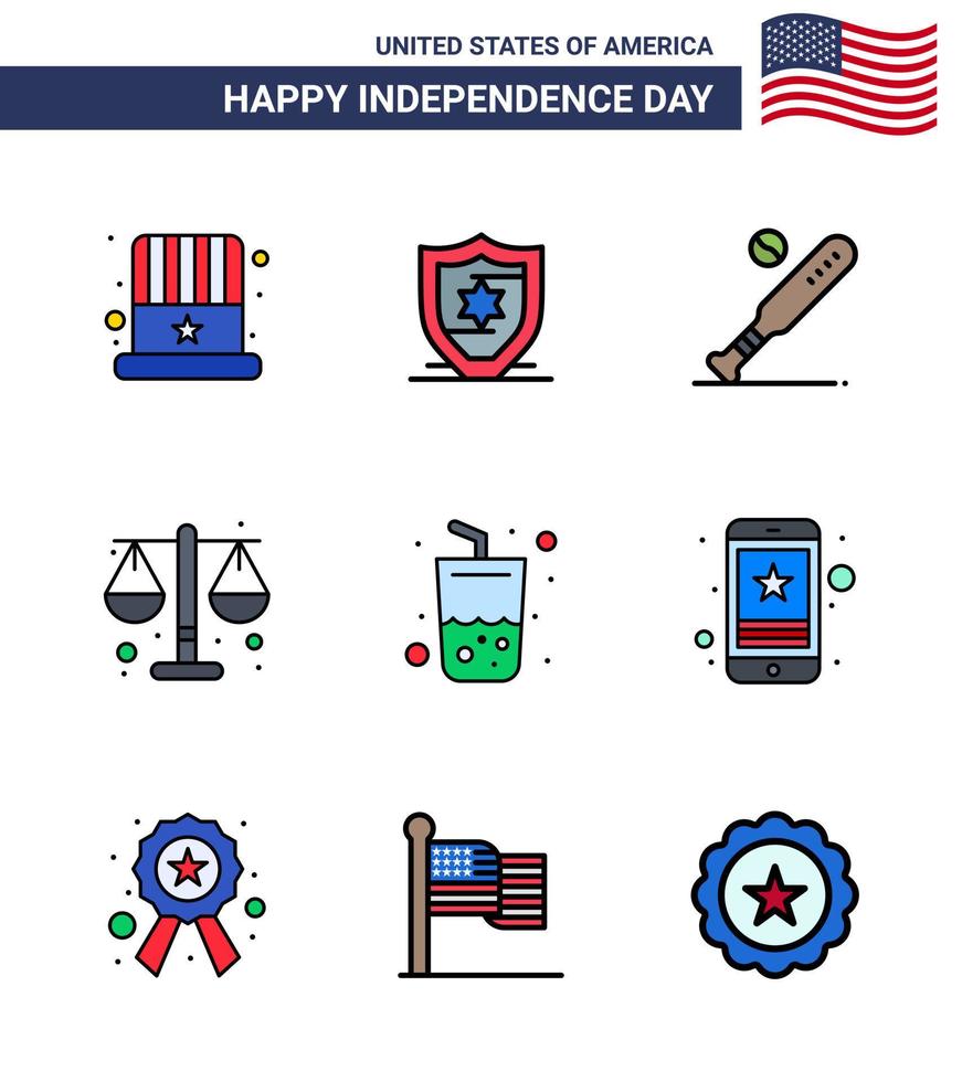 Modern Set of 9 Flat Filled Lines and symbols on USA Independence Day such as drink scale baseball law court Editable USA Day Vector Design Elements