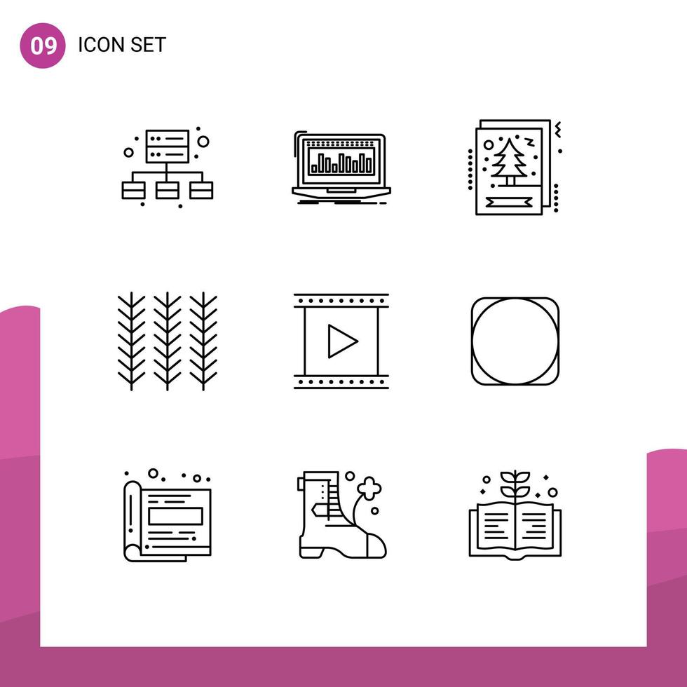 Pack of 9 Modern Outlines Signs and Symbols for Web Print Media such as cinema wheat card plant cereal Editable Vector Design Elements