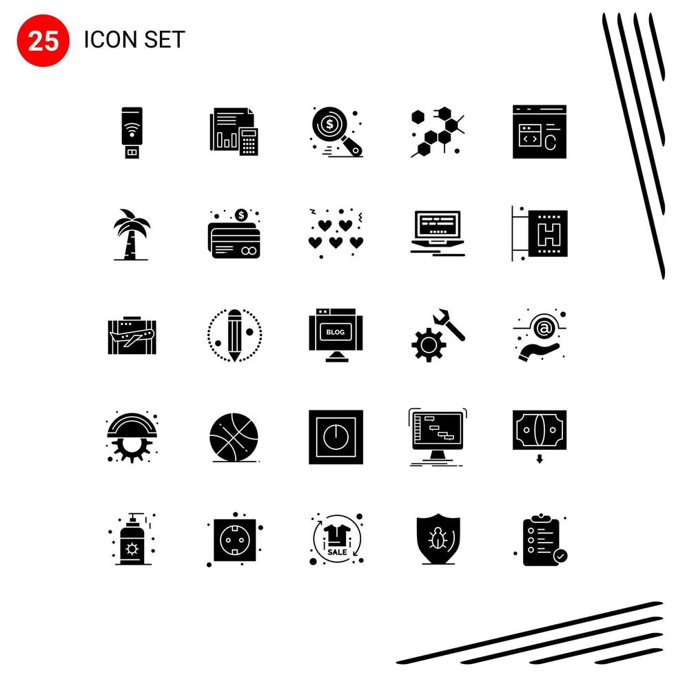 25 User Interface Solid Glyph Pack of modern Signs and Symbols of molecule seo business search money Editable Vector Design Elements