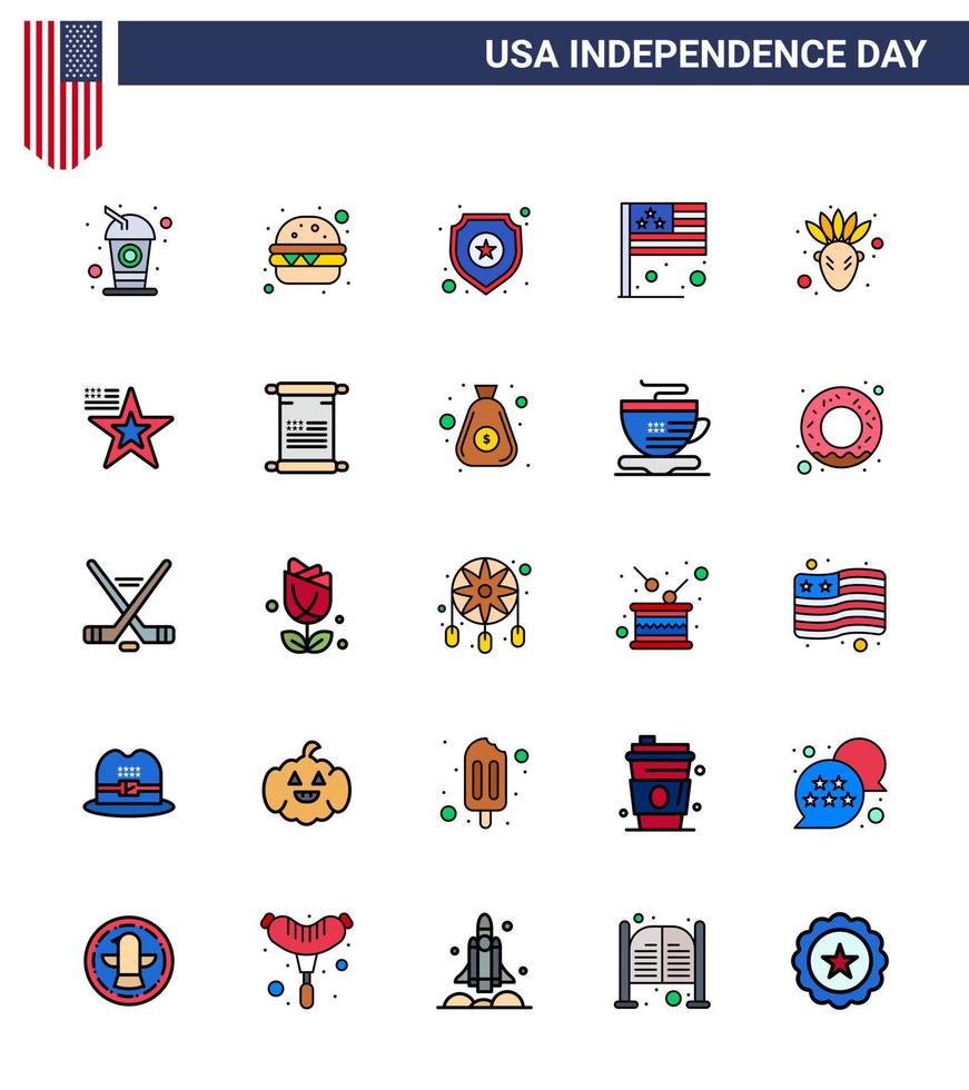 Pack of 25 creative USA Independence Day related Flat Filled Lines of thanksgiving american police usa country Editable USA Day Vector Design Elements