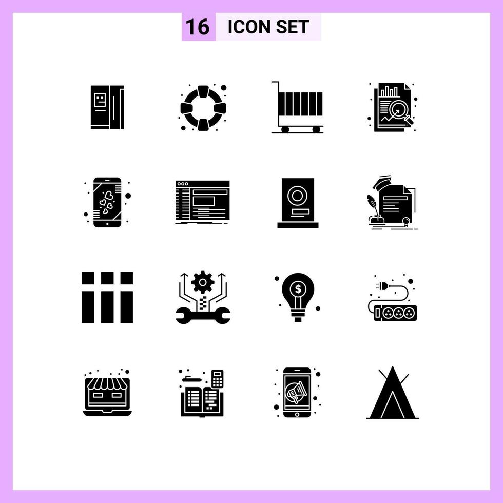 16 Thematic Vector Solid Glyphs and Editable Symbols of mobile heart cart data analysis Editable Vector Design Elements
