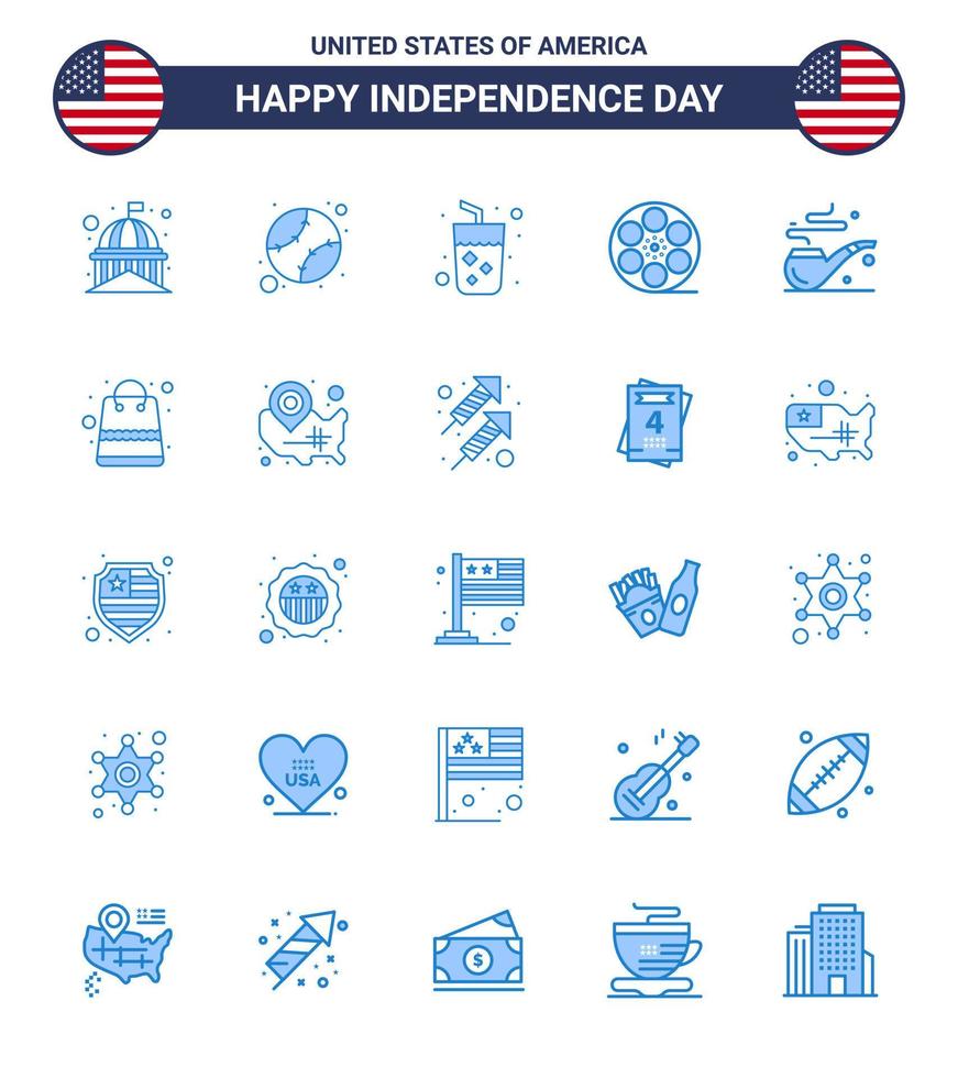 USA Happy Independence DayPictogram Set of 25 Simple Blues of pipe video united play wine Editable USA Day Vector Design Elements