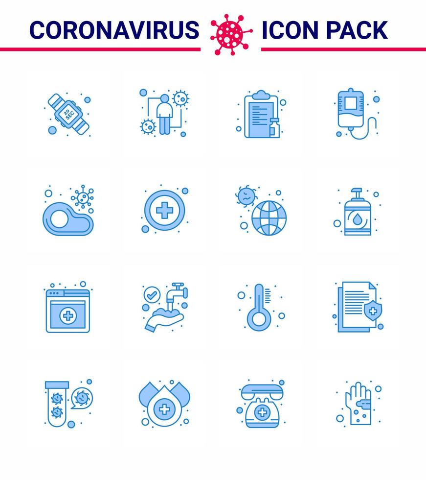 Covid19 Protection CoronaVirus Pendamic 16 Blue icon set such as infected transfusion viral blood vaccine viral coronavirus 2019nov disease Vector Design Elements