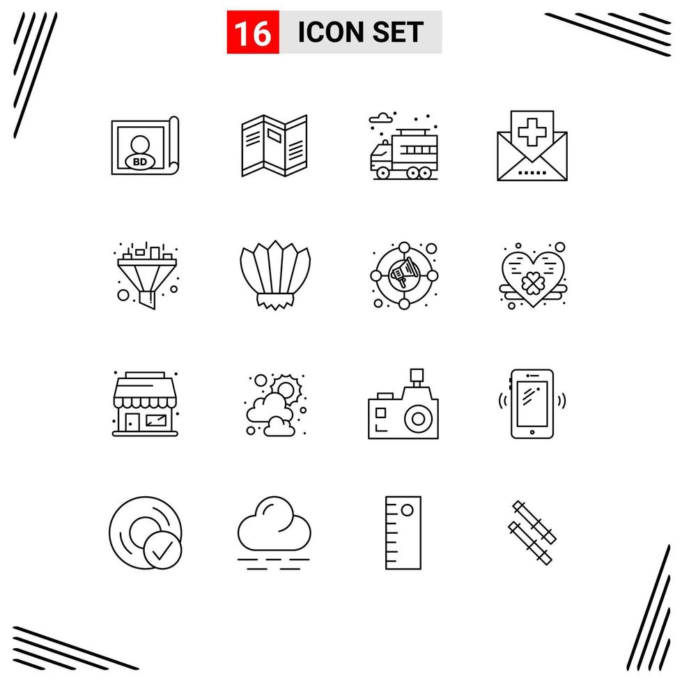 Mobile Interface Outline Set of 16 Pictograms of funnel medicine city mail fitness Editable Vector Design Elements