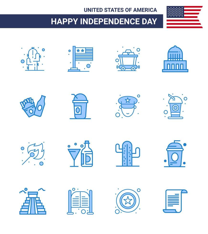 Happy Independence Day 4th July Set of 16 Blues American Pictograph of american bottle cart usa city Editable USA Day Vector Design Elements