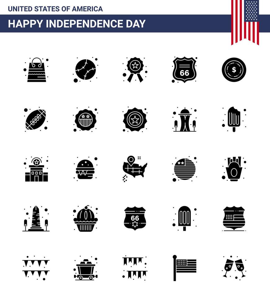4th July USA Happy Independence Day Icon Symbols Group of 25 Modern Solid Glyph of dollar american badge sign security Editable USA Day Vector Design Elements