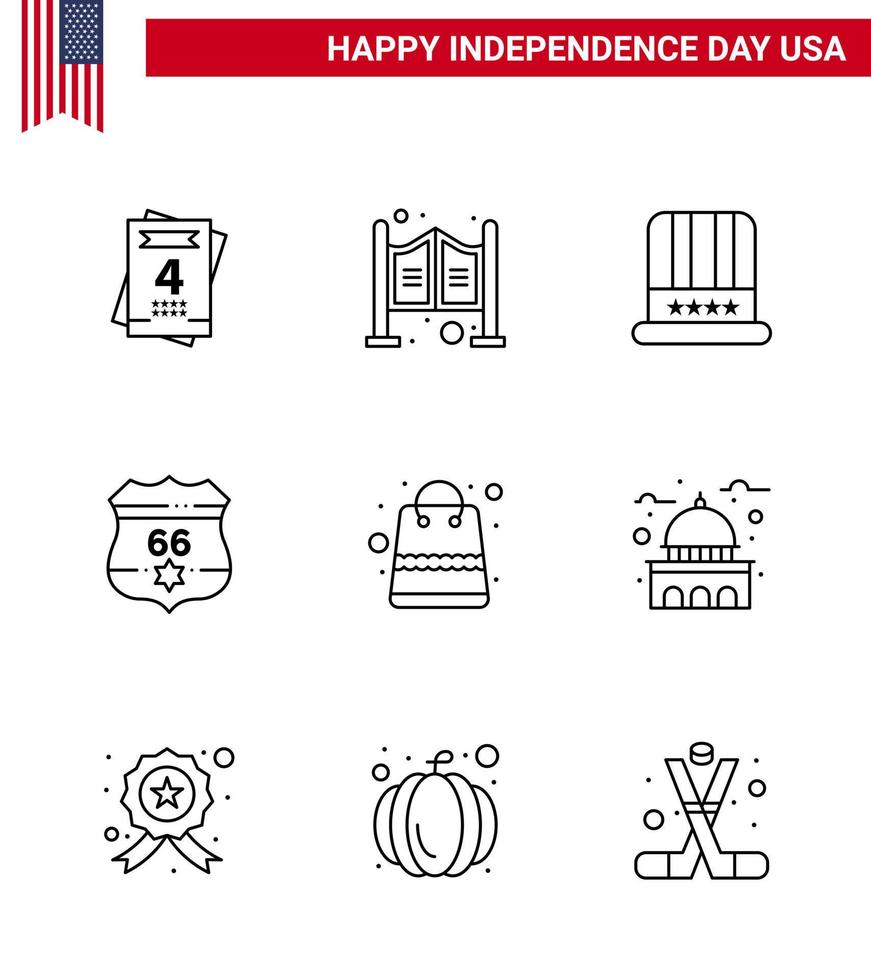 Set of 9 Modern Lines pack on USA Independence Day packages bag cap security shield Editable USA Day Vector Design Elements