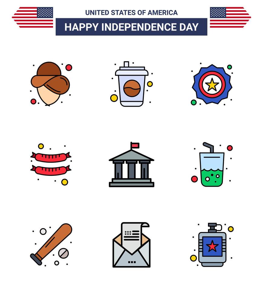 Flat Filled Line Pack of 9 USA Independence Day Symbols of usa flag security bank frankfurter Editable USA Day Vector Design Elements