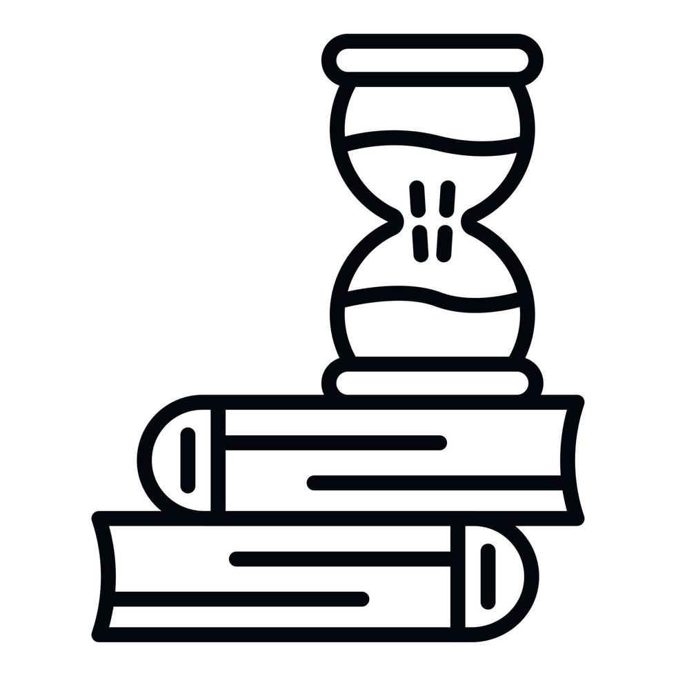 Hourglass on books icon, outline style vector