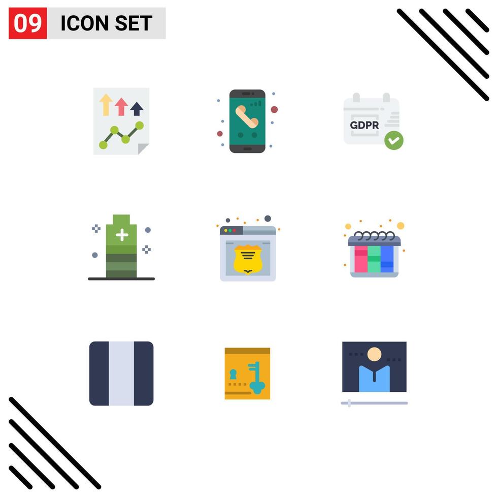 Mobile Interface Flat Color Set of 9 Pictograms of safe essential phone energy calendar Editable Vector Design Elements