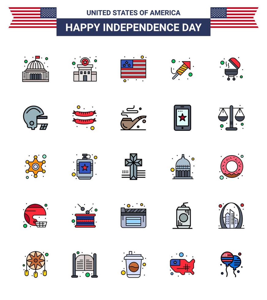 4th July USA Happy Independence Day Icon Symbols Group of 25 Modern Flat Filled Lines of bbq day police sign festival fire work Editable USA Day Vector Design Elements