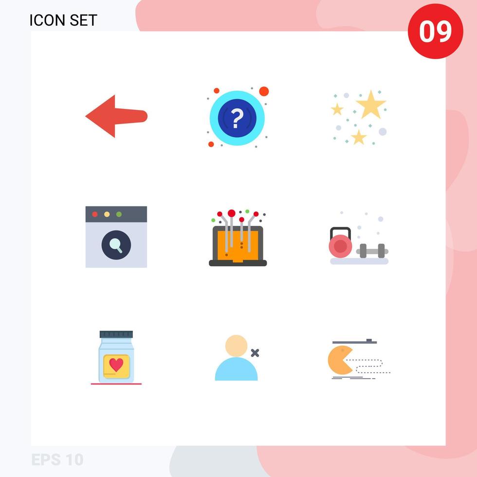 User Interface Pack of 9 Basic Flat Colors of fitness hobbies app system laptop Editable Vector Design Elements