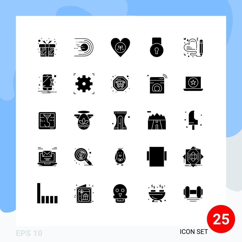 conjunto de 25 glifos sólidos vectoriales en la cuadrícula para elementos de diseño vectorial editables del corazón de la tecla del espacio de la almohadilla de bloqueo de seguridad vector