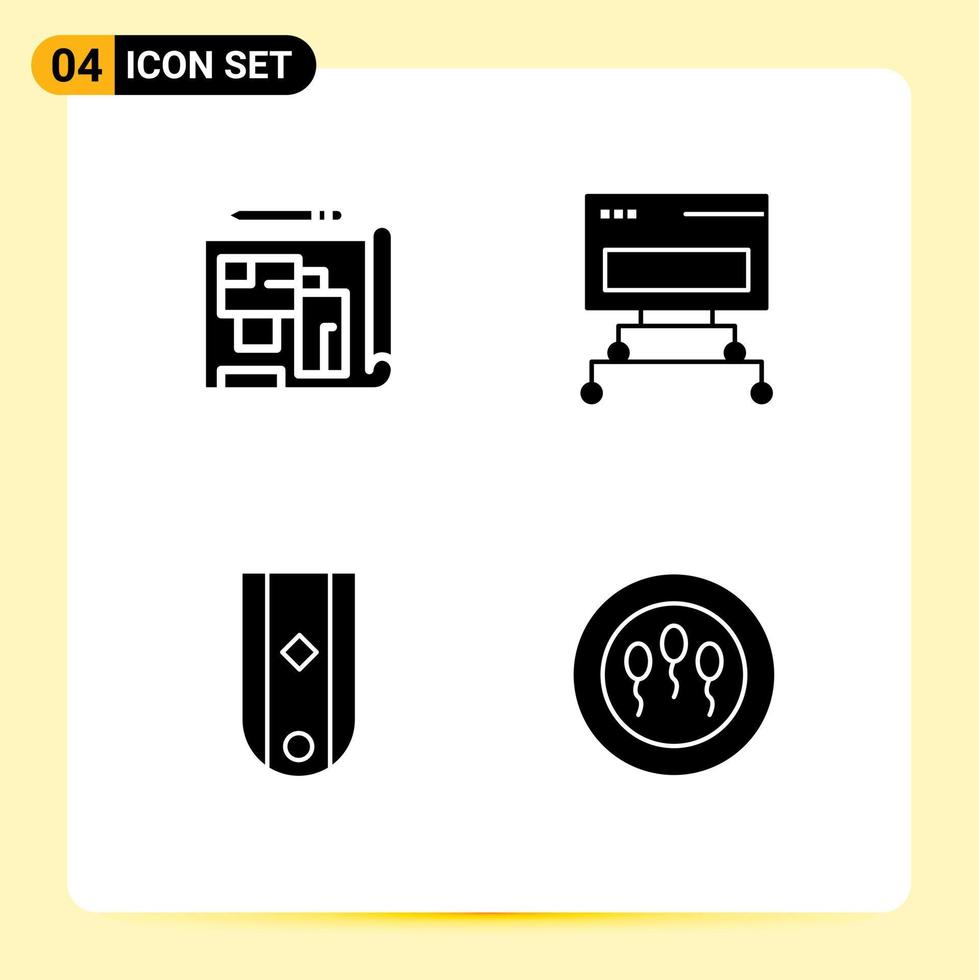 Mobile Interface Solid Glyph Set of 4 Pictograms of architecture insignia estate data one Editable Vector Design Elements