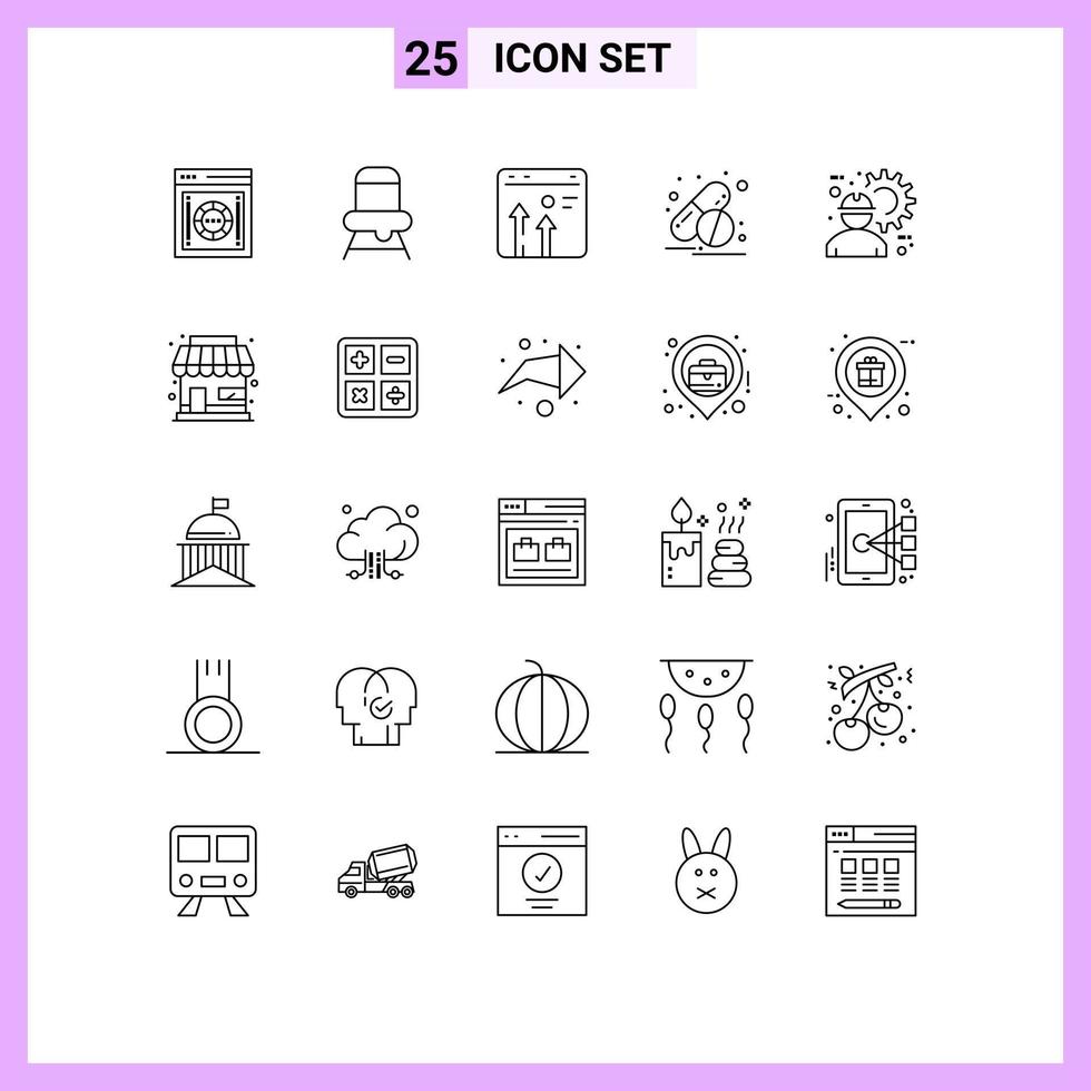 Modern Set of 25 Lines and symbols such as construction worker pills arrow medicine growth Editable Vector Design Elements