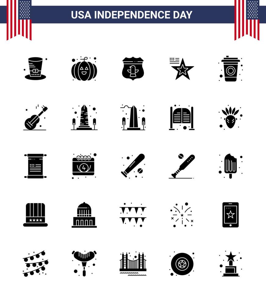 Pack of 25 USA Independence Day Celebration Solid Glyph Signs and 4th July Symbols such as drink bottle usa usa american Editable USA Day Vector Design Elements