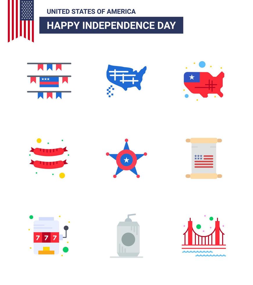 paquete de 9 letreros planos de celebración del día de la independencia de estados unidos y símbolos del 4 de julio, como texto de estados unidos frankfurter scroll star elementos de diseño vectorial editables del día de estados unidos vector