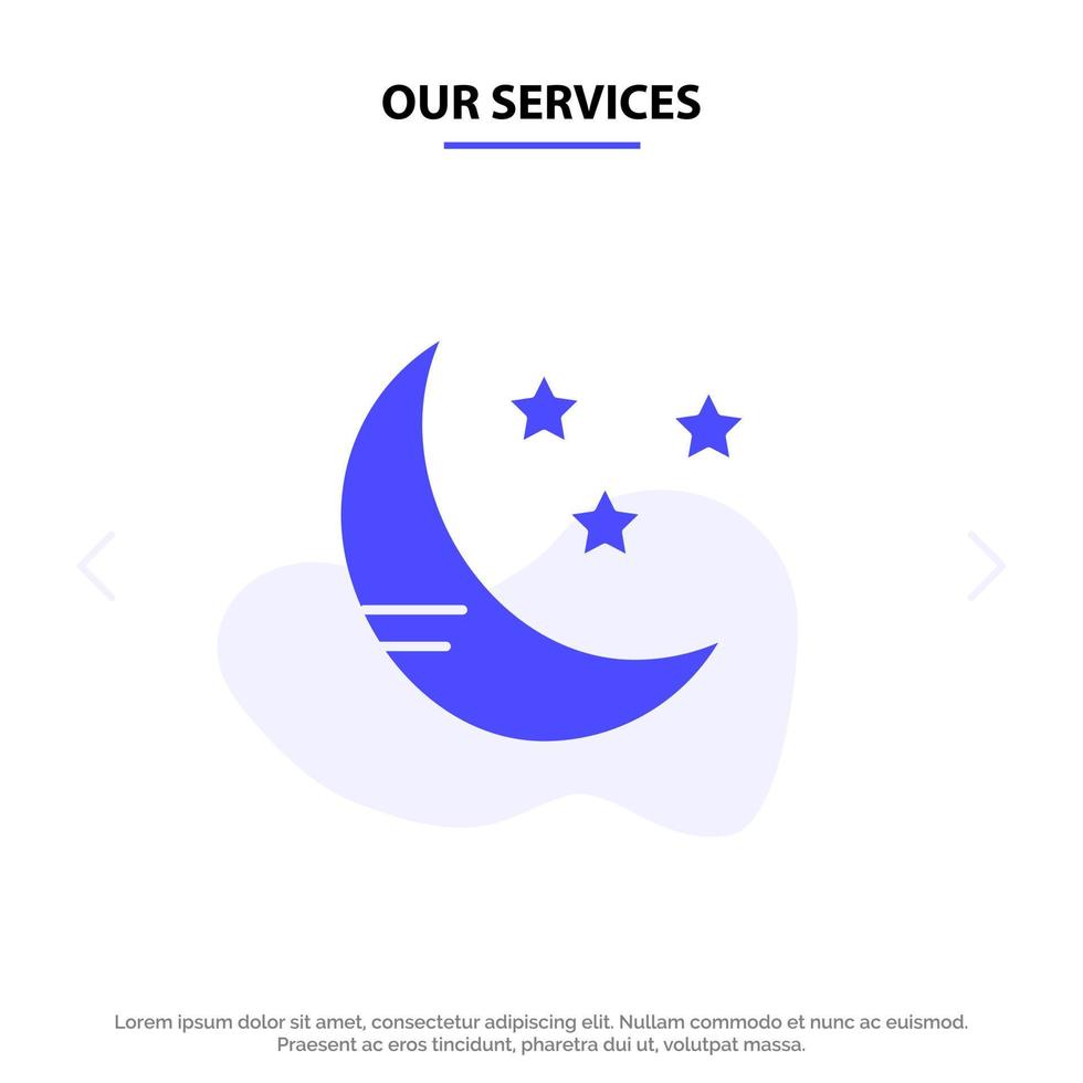 nuestros servicios luna nube clima sólido glifo icono plantilla de tarjeta web vector