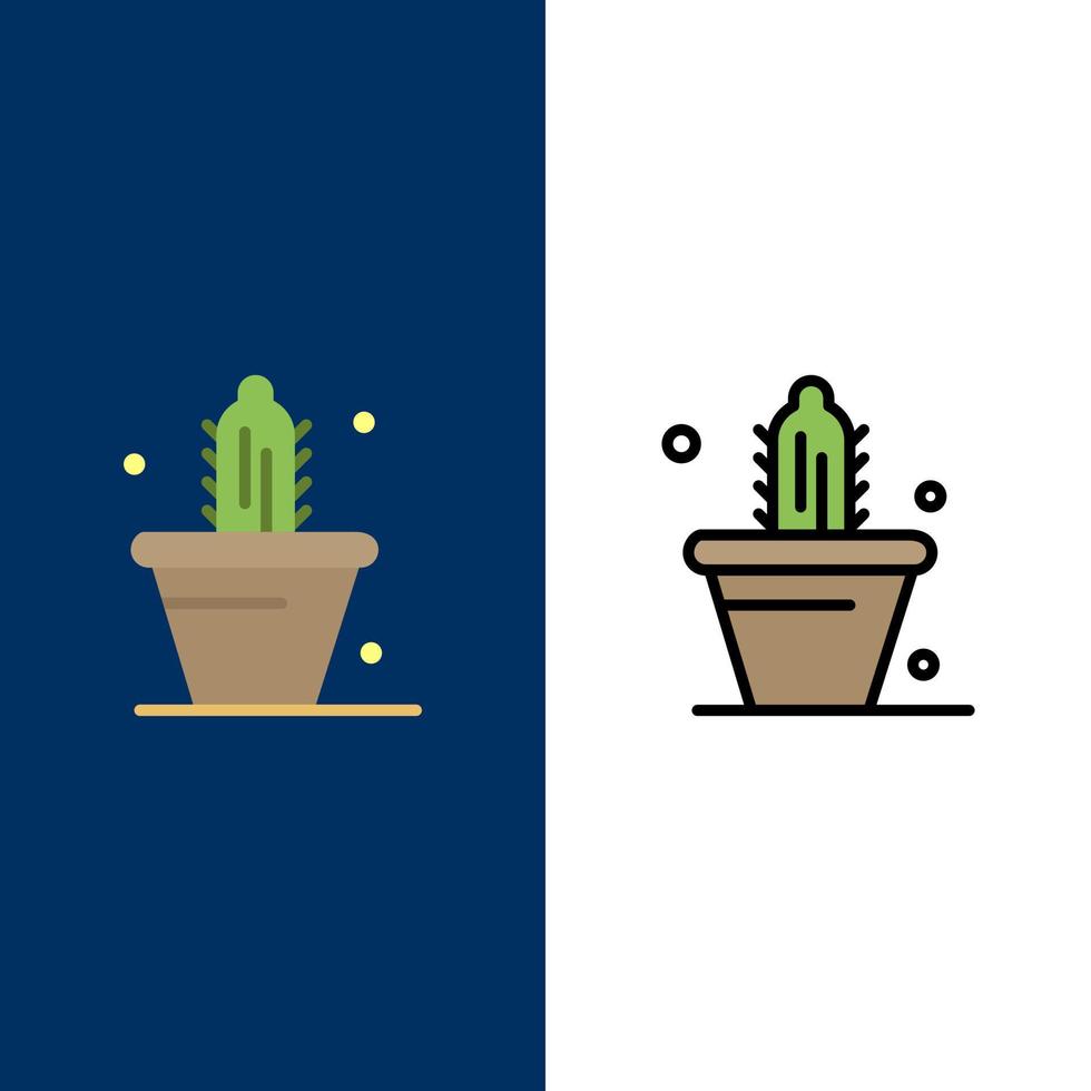 cactus naturaleza maceta primavera iconos plano y línea llena conjunto de iconos vector fondo azul