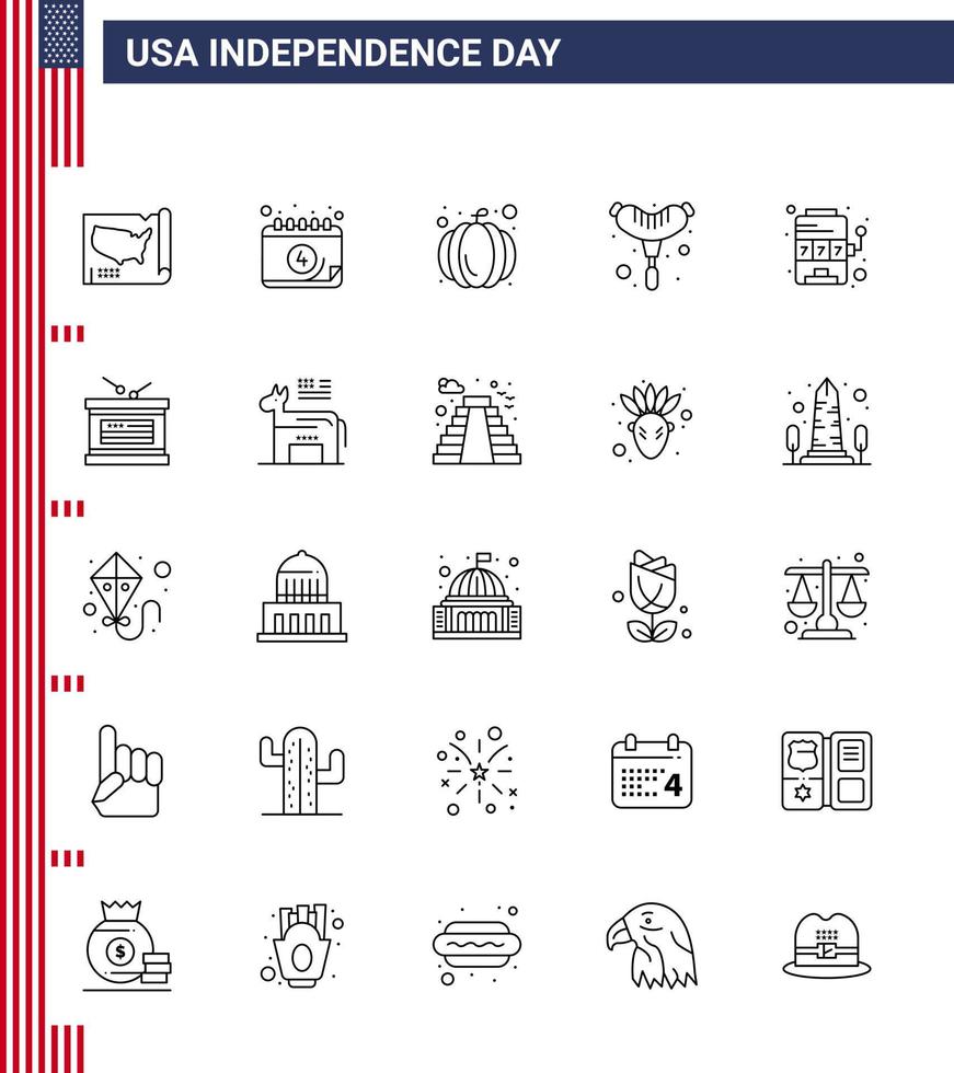 Set of 25 Vector Lines on 4th July USA Independence Day such as game machine american casino frankfurter Editable USA Day Vector Design Elements
