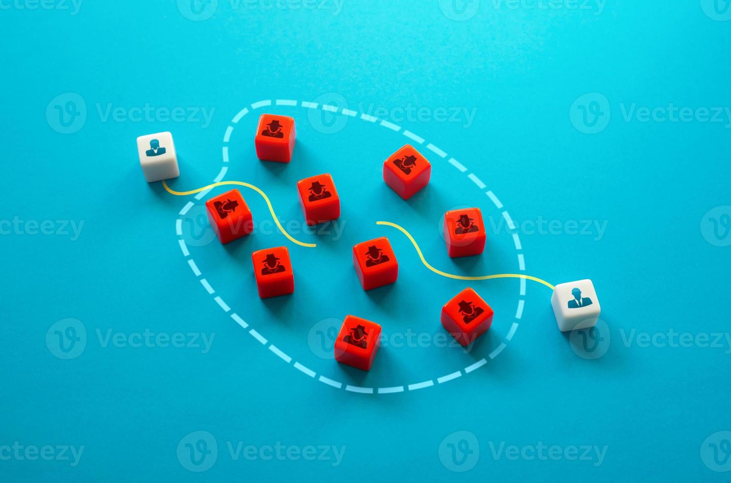Business communication through risks of interception threat. Secure communications and data transfer. Industrial and financial espionage. Spies and hackers in internet. Protected connection channel photo