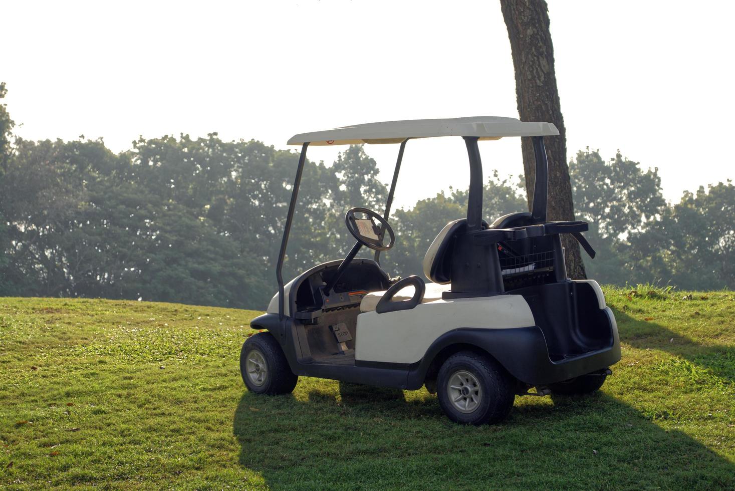 White golf cart parked on the golf course with morning sunlight photo