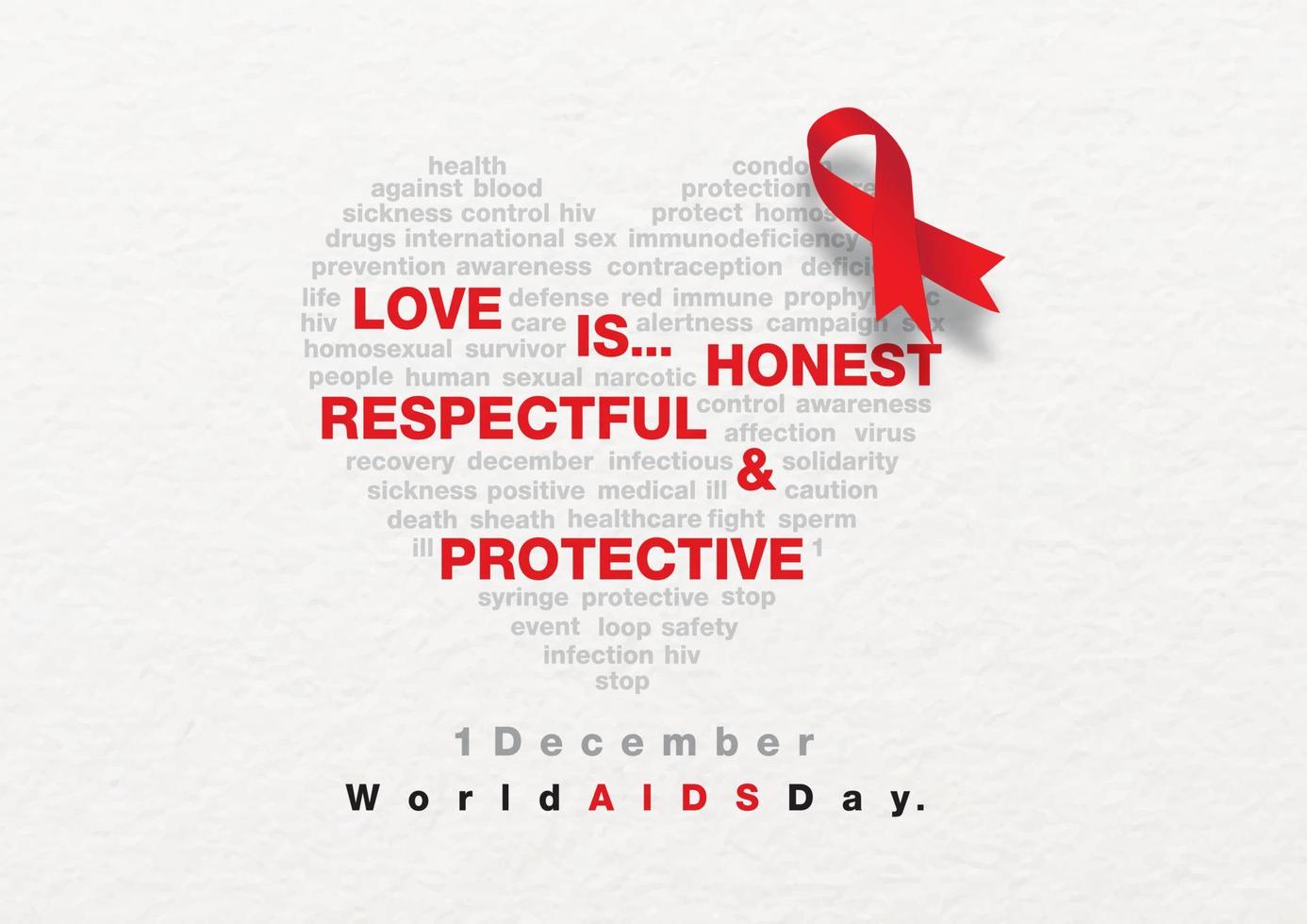 LOVE IS HONEST RESPECTFUL and PROTECTIVE red wordings with many black text about HIV. and World AIDS Day in a heart i con by vector design isolate on white background.