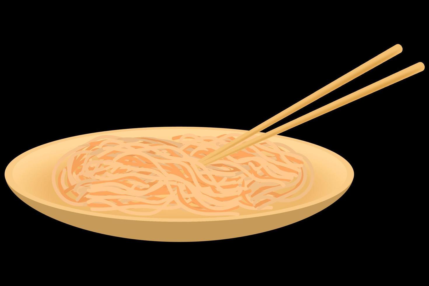 Wok noodles in a bamboo plate with chopsticks on a black background. Vector image