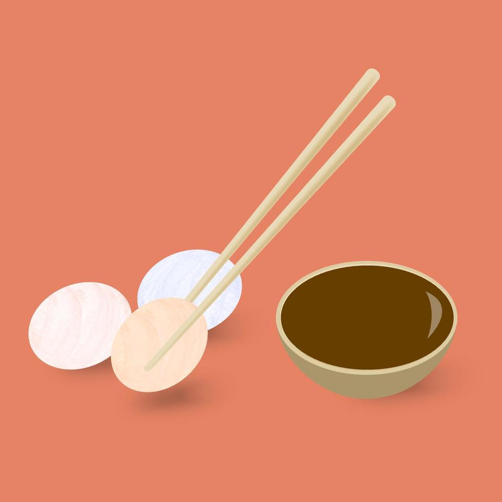 Colored Mochi rice balls with chopsticks and soy sauce on a red background. Vector image