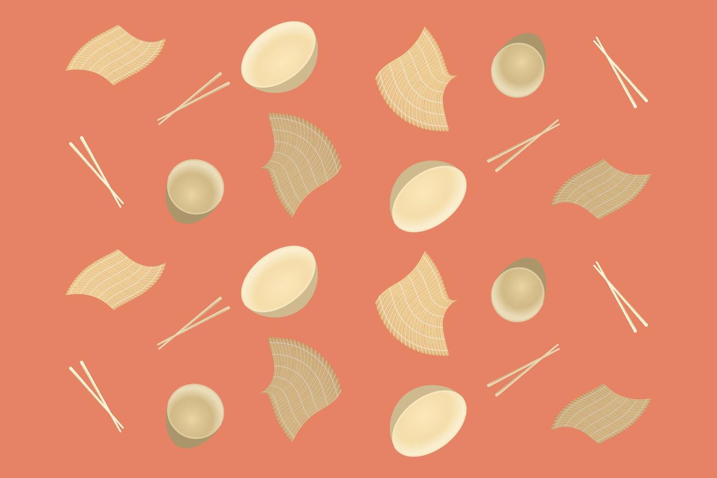 patrón de platos de bambú sobre un fondo rojo. tazas, palillos para sushi, tapete para sushi. concepto de ecología. objetos aislados. imagen vectorial vector