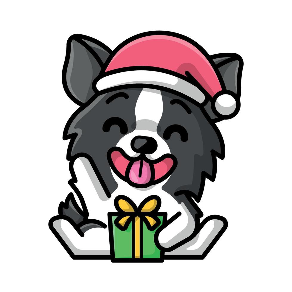un lindo perro border collie lleva un sombrero de santa y sostiene una caja de regalo vector