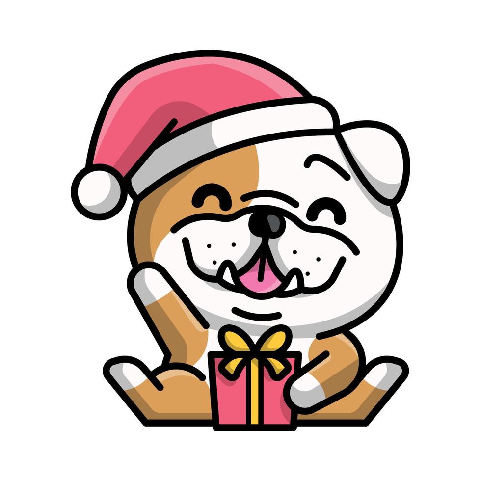 un lindo bulldog con un sombrero de santa y sosteniendo una caja de regalo vector