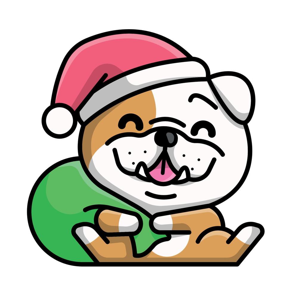 un lindo bulldog con un sombrero de santa y llevando una bolsa de regalo vector