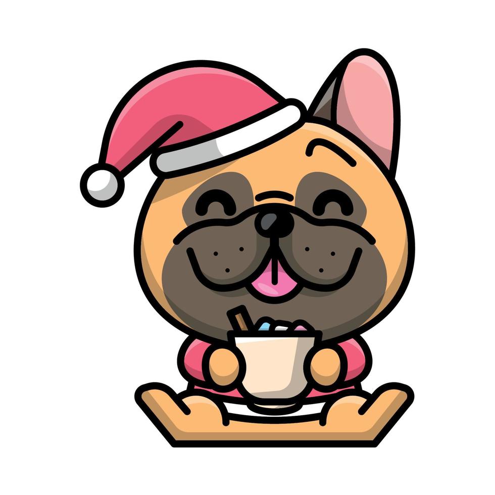 un lindo bulldog francés sostiene una taza de chocolate caliente vector