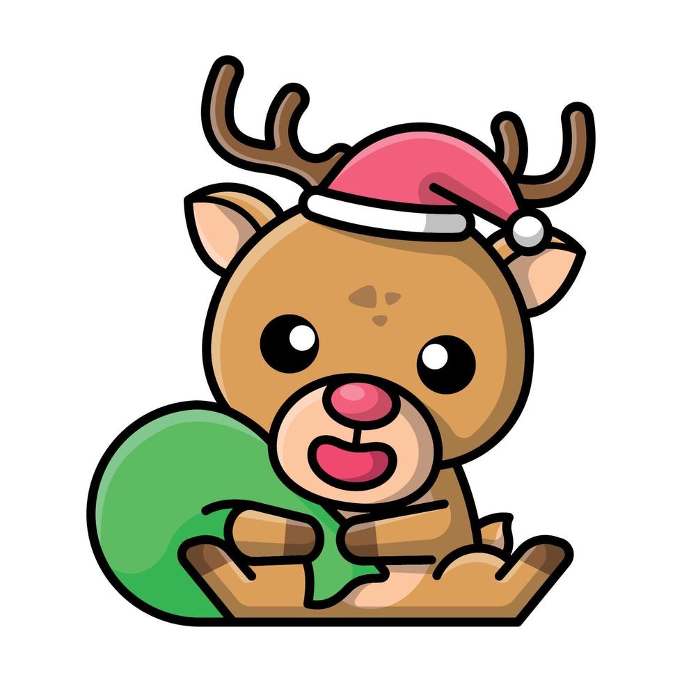 A CUTE REINDEER WITH A SANTA HAT IS CARRYING A PRESENT BAG vector