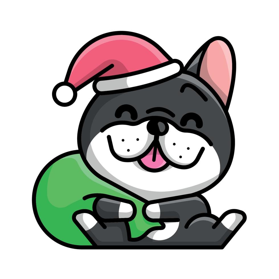 A CUTE FRENCH BULLDOG WITH CHRISTMAS HAT IS CRYING A GIFT BAG vector