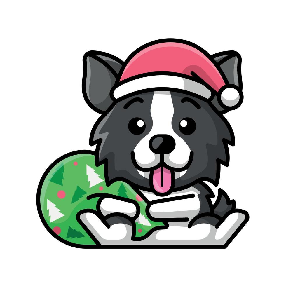 printa lindo perro border collie lleva un gorro de Papá Noel y lleva una bolsa de regalo vector