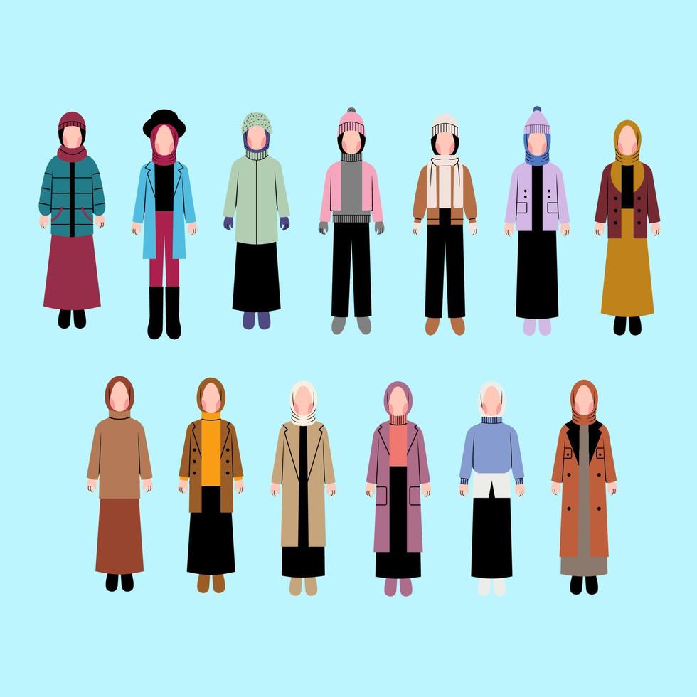 conjunto de personajes de mujer hijab en traje de invierno vector