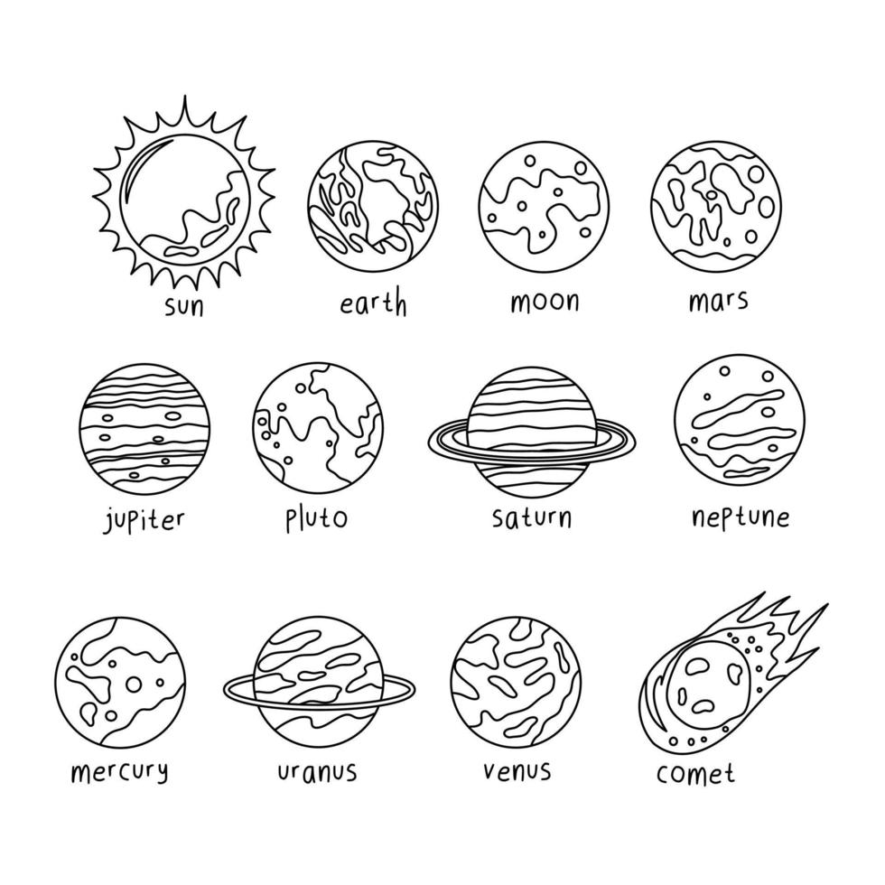 Set Of Solar System Element Doodle vector