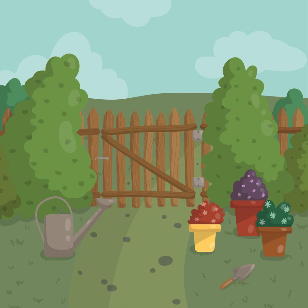 Garden gate, bushes, watering can and potted flowers vector